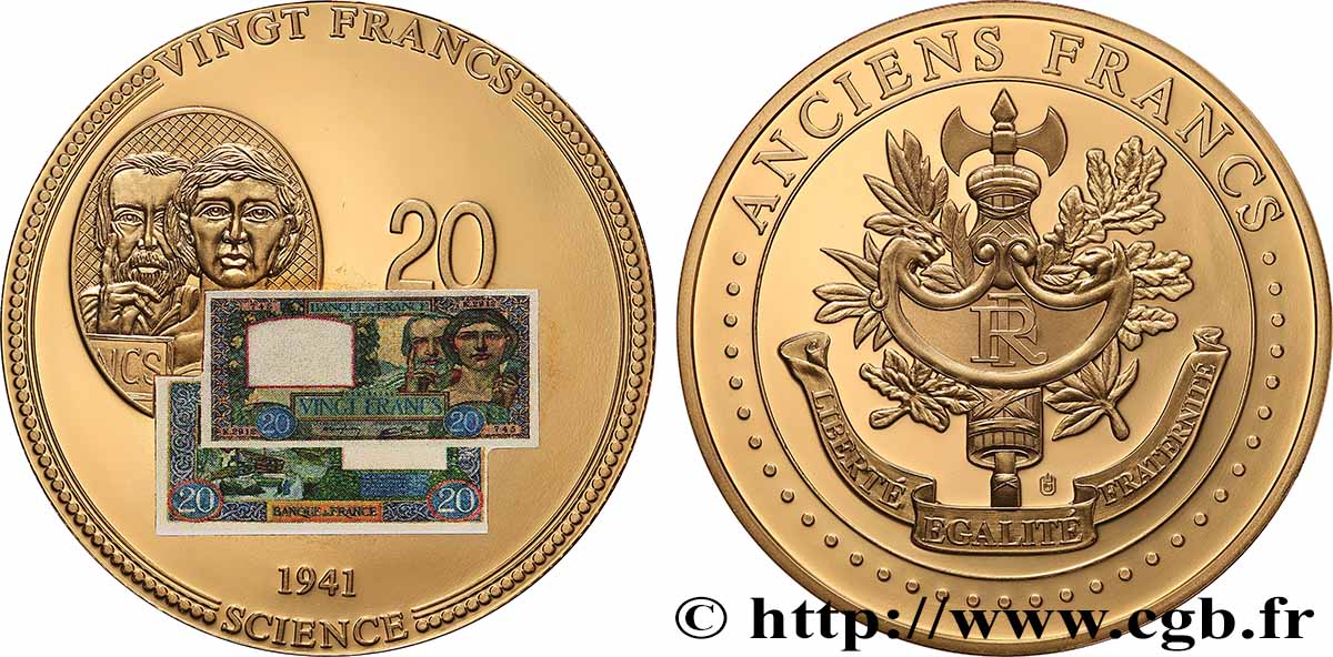 QUINTA REPUBLICA FRANCESA Médaille, Anciens 20 francs SC