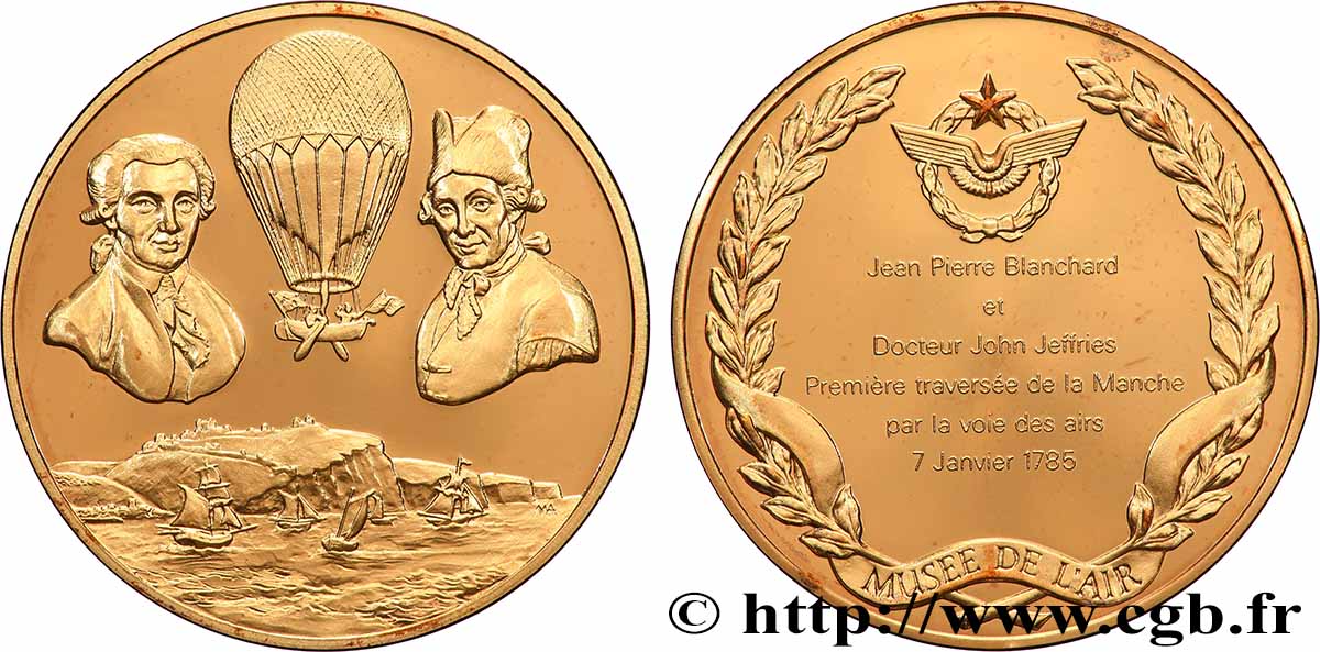 AÉRONAUTIQUE - AVIATION : AVIATEURS & AVIONS Médaille, L’Histoire de la Conquête de l’Air, Jean-Pierre Blanchard et docteur John Jeffries SUP