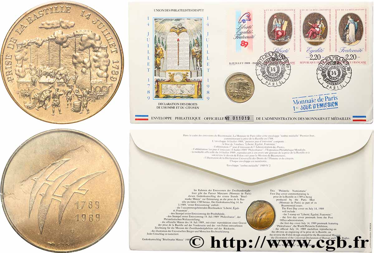 V REPUBLIC Enveloppe “Timbre médaille”, Bicentenaire de la Révolution Française MS