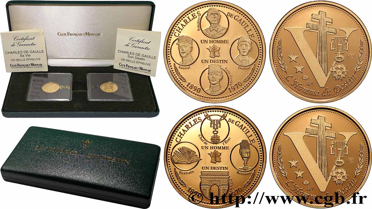 V REPUBLIC Coffret de deux médailles, Charles de Gaulle MS