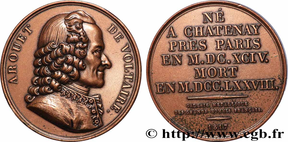 GALERIE MÉTALLIQUE DES GRANDS HOMMES FRANÇAIS Médaille, François-Marie Arouet dit Voltaire, refrappe TTB+