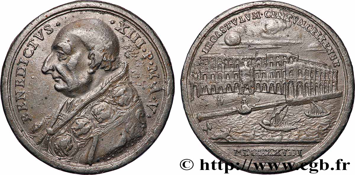ITALIE - ÉTATS DU PAPE - BENOÎT XIII (Pietro Francesco Orsini) Médaille, Construction du pénitencier de Civitavecchia TTB