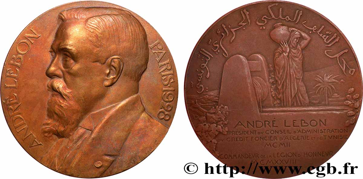 ALGERIA - THIRD REPUBLIC Médaille, André Lebon, Crédit foncier d’Algérie AU