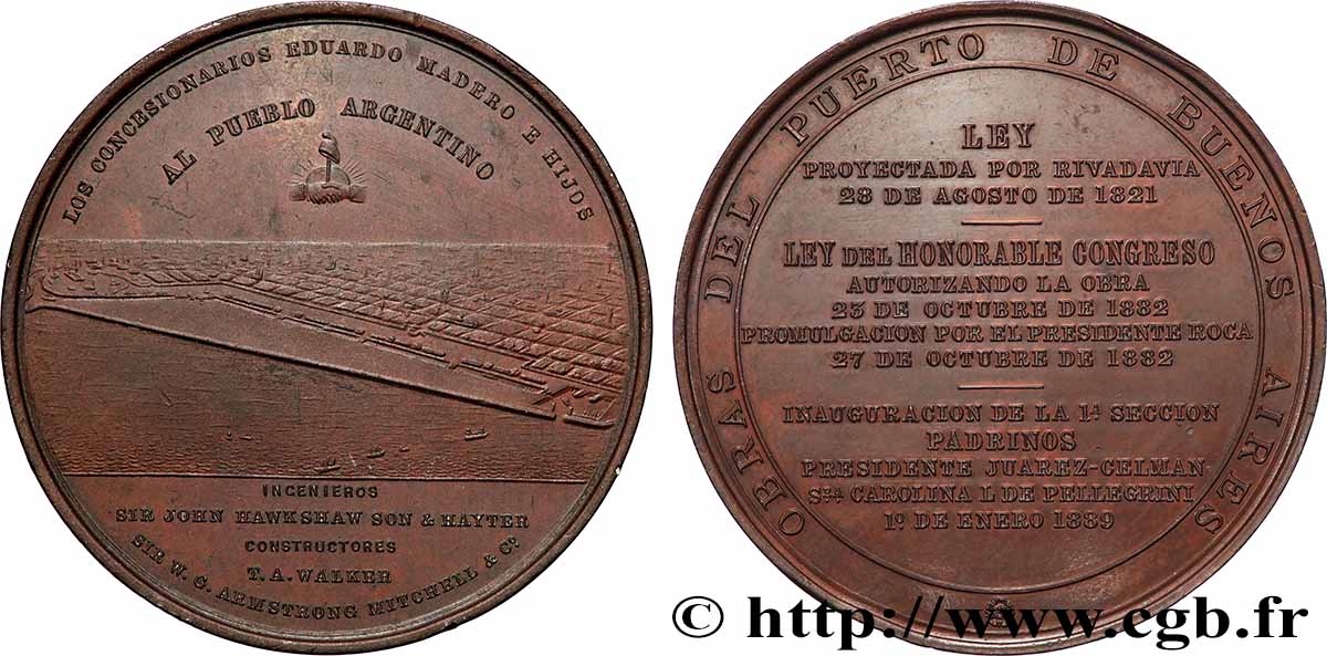 ARGENTINE - RÉPUBLIQUE ARGENTINE Médaille, Port de Buenos Aires, Inauguration de la première section des travaux AU/AU