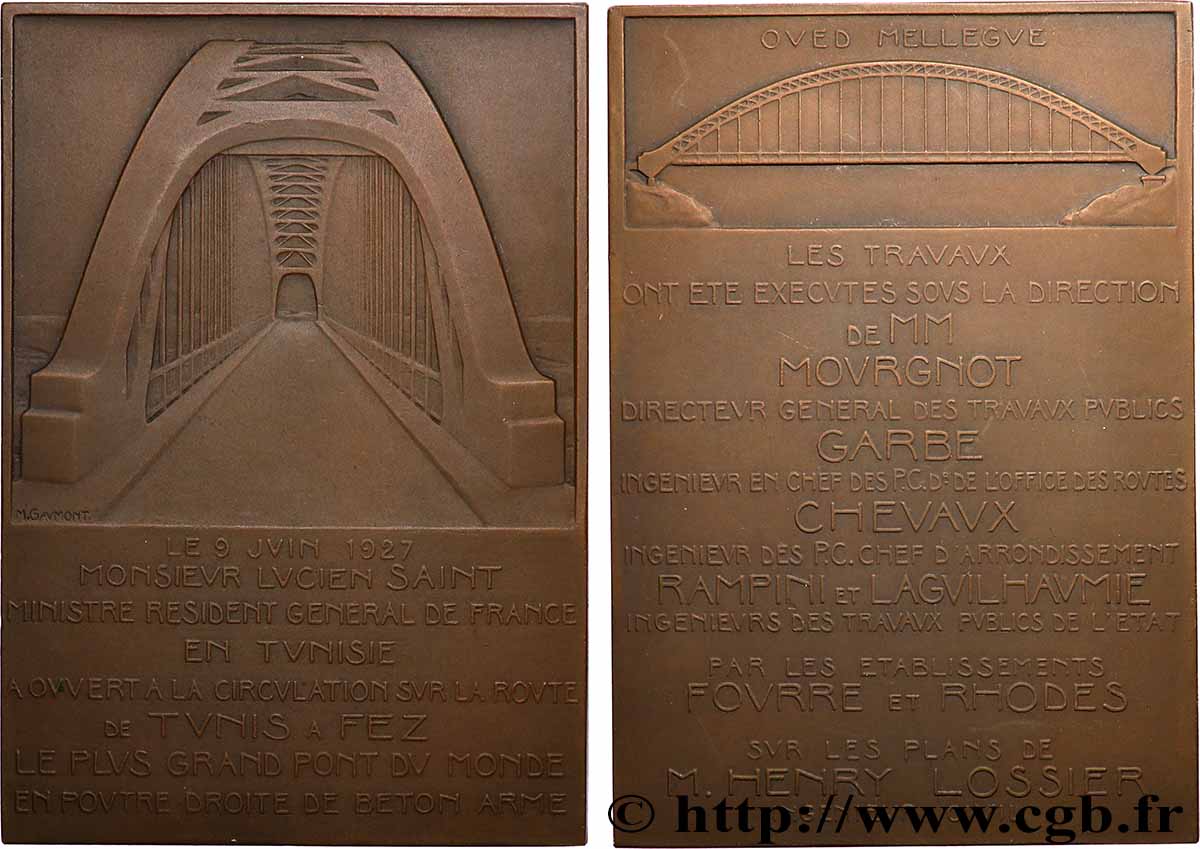 THIRD REPUBLIC - TUNISIA - FRENCH PROTECTORATE Plaquette, Ouverture à la circulation du plus grand pont du monde en poutre droite de béton armé AU