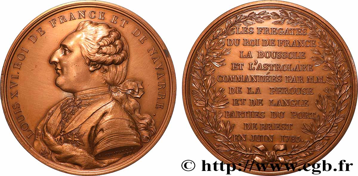 LOUIS XVI Médaille, Départ des frégates la Boussole et l Astrolabe, Voyage de Lapeyrouse et de Langle, refrappe AU/AU