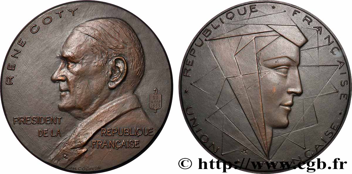 IV REPUBLIC Médaille, René Coty, président de la république AU