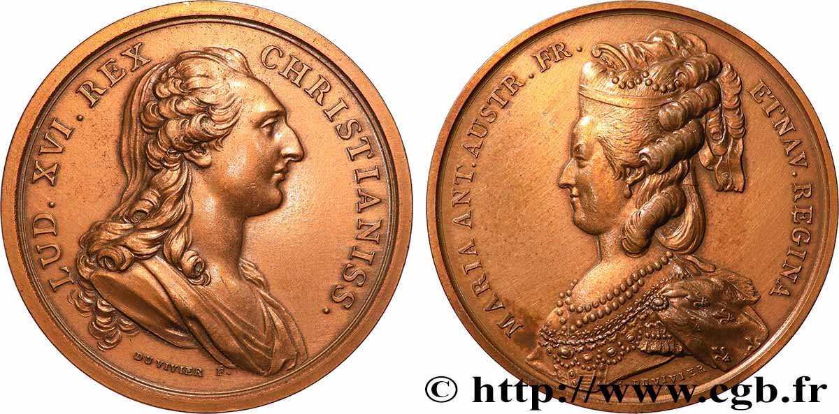 LOUIS XVI Médaille, Louis XVI et Marie-Antoinette, refrappe AU