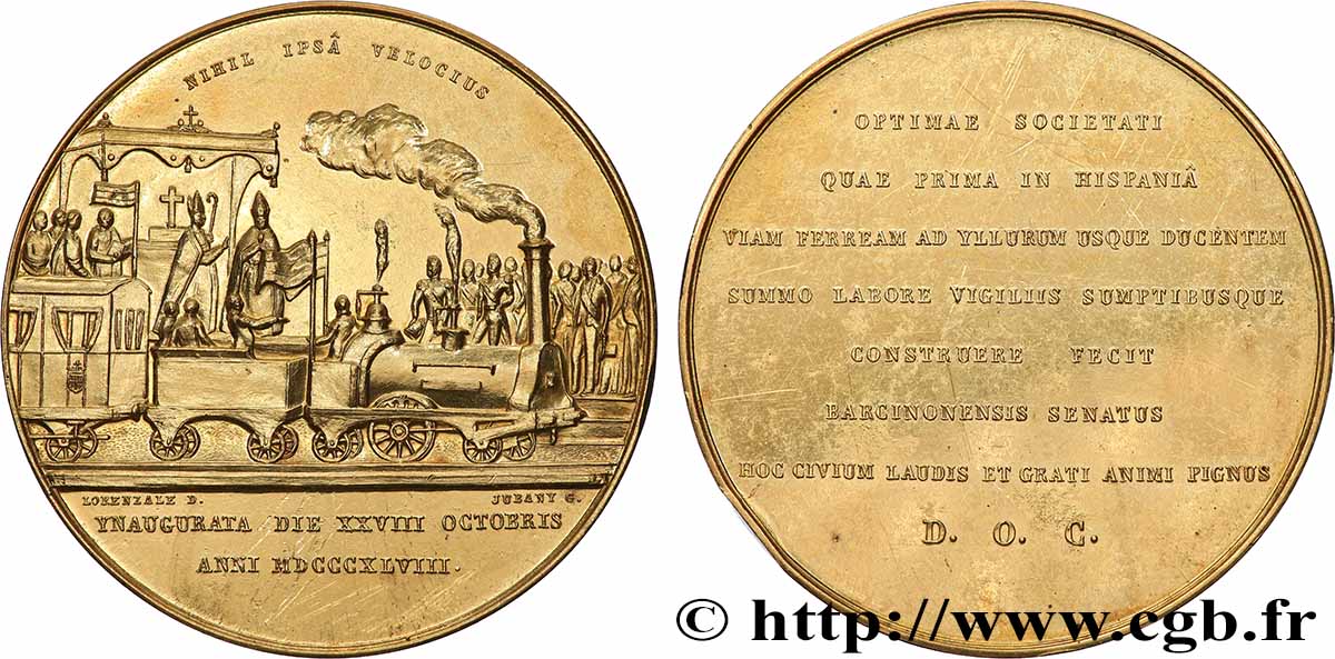 ESPAGNE - ROYAUME D ESPAGNE - ISABELLE II Médaille, inauguration et bénédiction du train entre Barcelone et Matano, par Lorenzale et Jubany TTB+
