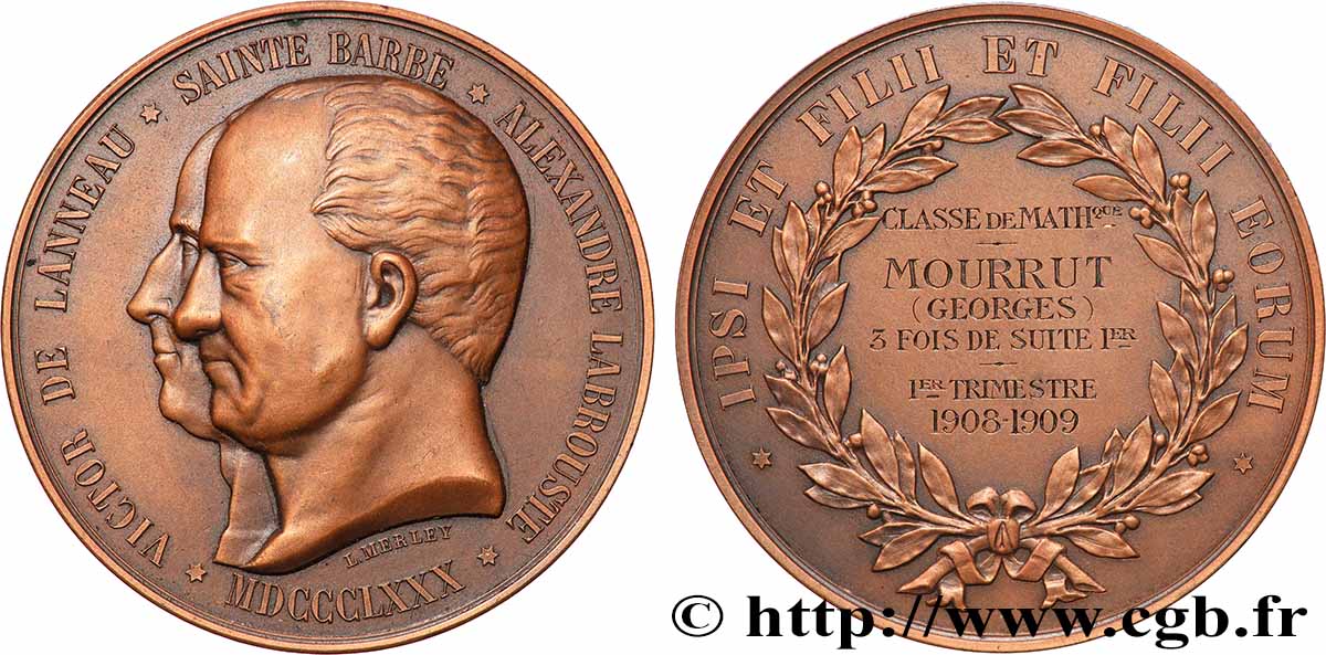 III REPUBLIC Médaille, Victor de Lanneau et Alexandre Labrouste, Classe de mathématique AU