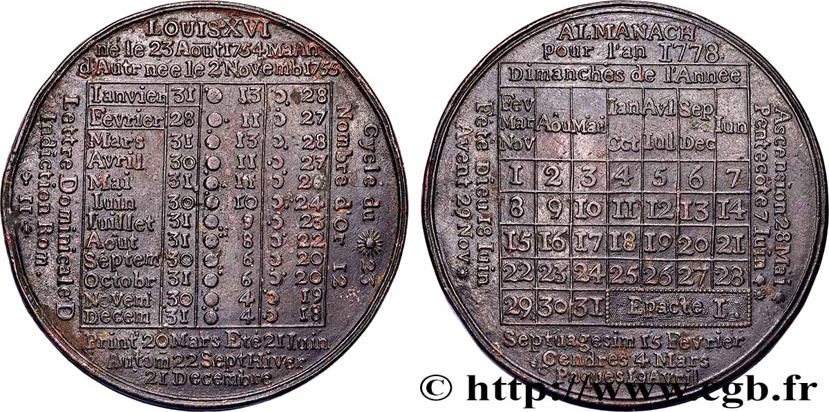 LOUIS XVI Médaille, Almanach TTB