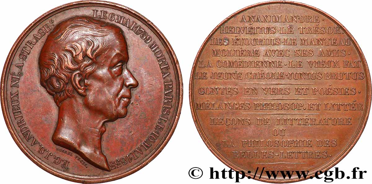 LITTÉRATURE : ÉCRIVAINS/ÉCRIVAINES - POÈTES Médaille, Hommage à François-Guillaume-Jean-Stanislas Andrieux, TTB+