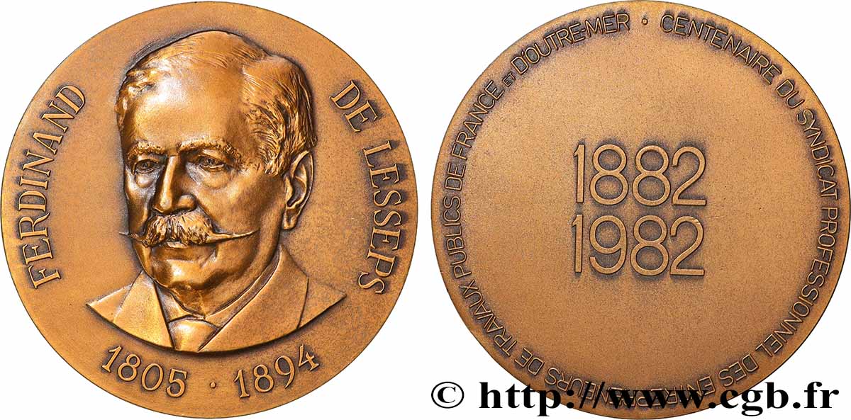 CINQUIÈME RÉPUBLIQUE Médaille, Ferdinand de Lesseps, Centenaire du syndicat professionnel des entrepreneurs de travaux publics de France et d’Outre-Mer SUP