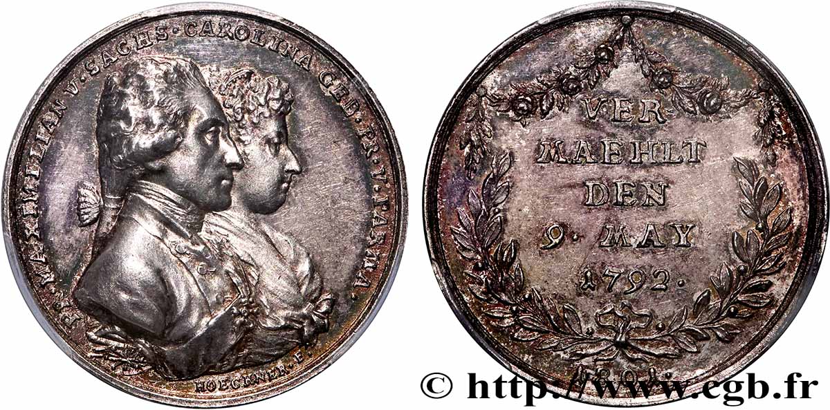 ALLEMAGNE - ÉLECTORAT DE SAXE - FRÉDÉRIC-AUGUSTE III Médaille, 9e anniversaire de mariage de son frère Maximilien Joseph avec Caroline Marie de Bourbon-Parme SUP61