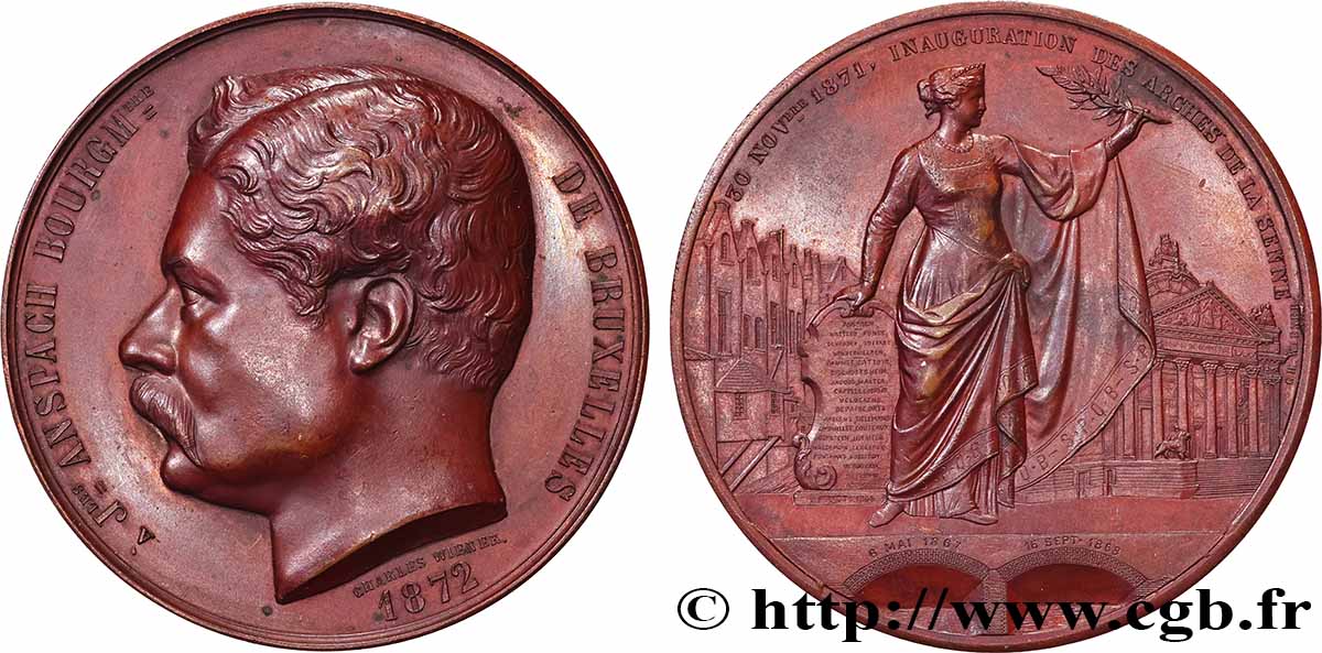 BELGIQUE - ROYAUME DE BELGIQUE - LÉOPOLD II Médaille, Jules Anspach, Inauguration des arches de la Senne EBC
