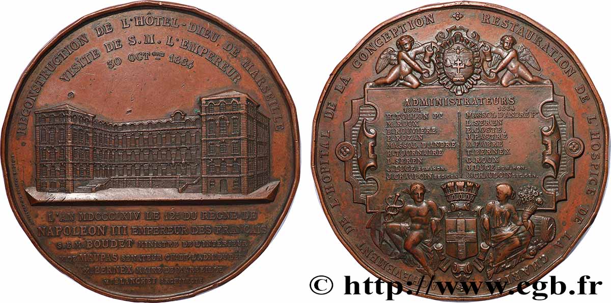 SECOND EMPIRE Médaille, Reconstruction de l’Hotel-Dieu de Marseille XF