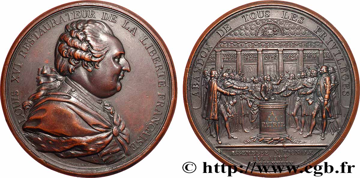 LOUIS XVI Médaille, Abandon de tous les privilèges TTB+