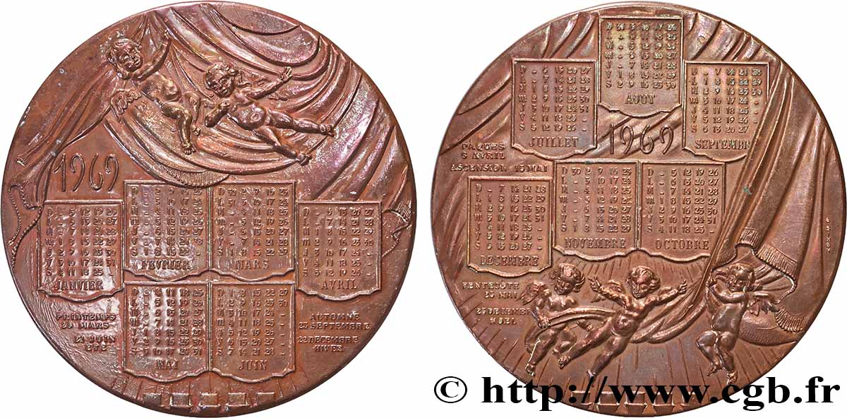 QUINTA REPUBBLICA FRANCESE Médaille calendrier, Chérubins et théâtre q.SPL