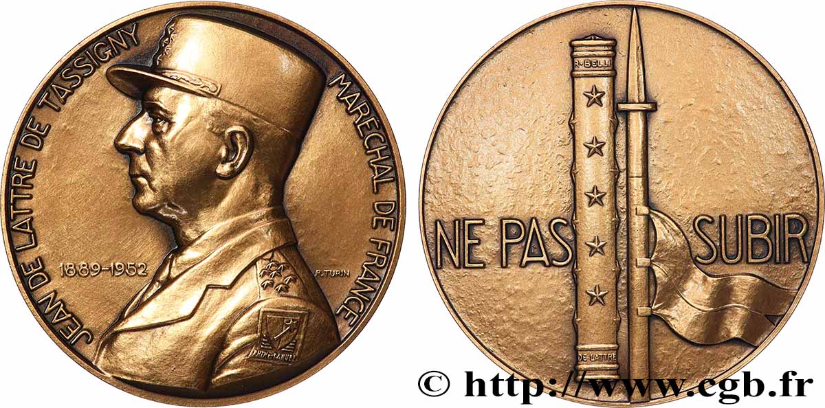 QUATRIÈME RÉPUBLIQUE Médaille, Maréchal Jean de Lattre de Tassigny, refrappe SUP