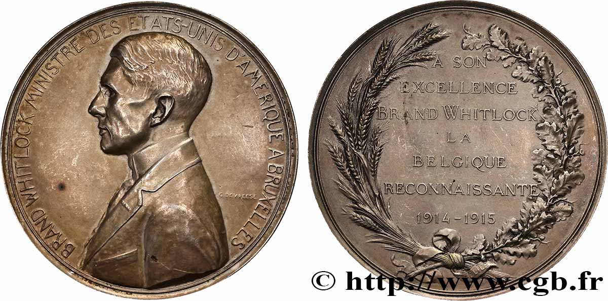 BELGIQUE - ROYAUME DE BELGIQUE - ALBERT Ier Médaille, A son excellence Brand Whitlock, ministre des États-Unis à Bruxelles TTB+