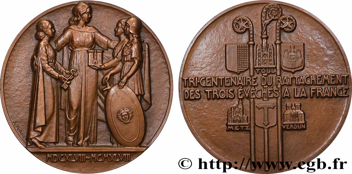 IV REPUBLIC Médaille, Tri-centenaire du rattachement des trois évêchés à la France AU/MS