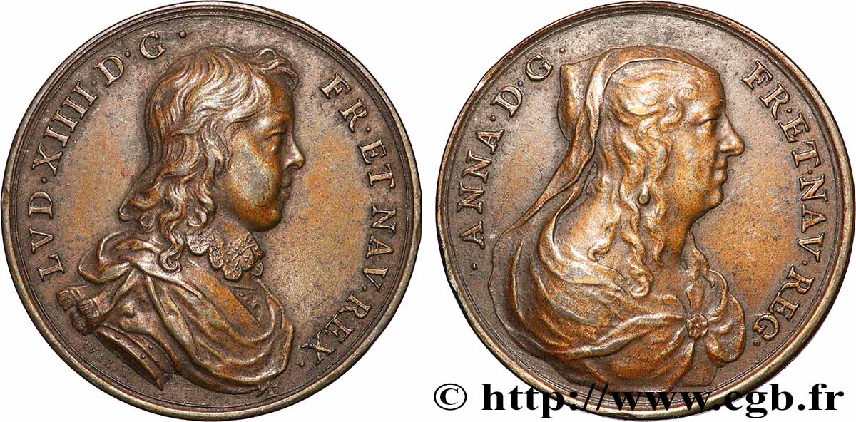 ANNE D AUTRICHE Médaille, Anne d’Autriche et son fils Louis XIV par Warin, refrappe TTB+