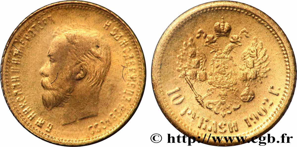 RUSSIE - NICOLAS II Médaille, Reproduction de la 10 Roubles, , Les miniatures en or des plus belles monnaies d’or du monde SUP