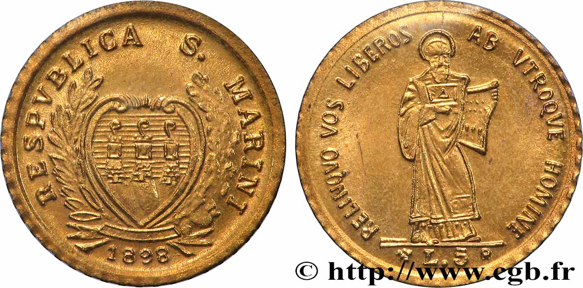 SAN MARINO Médaille, Reproduction de 5 Lire, Les miniatures en or des plus belles monnaies d’or du monde SPL
