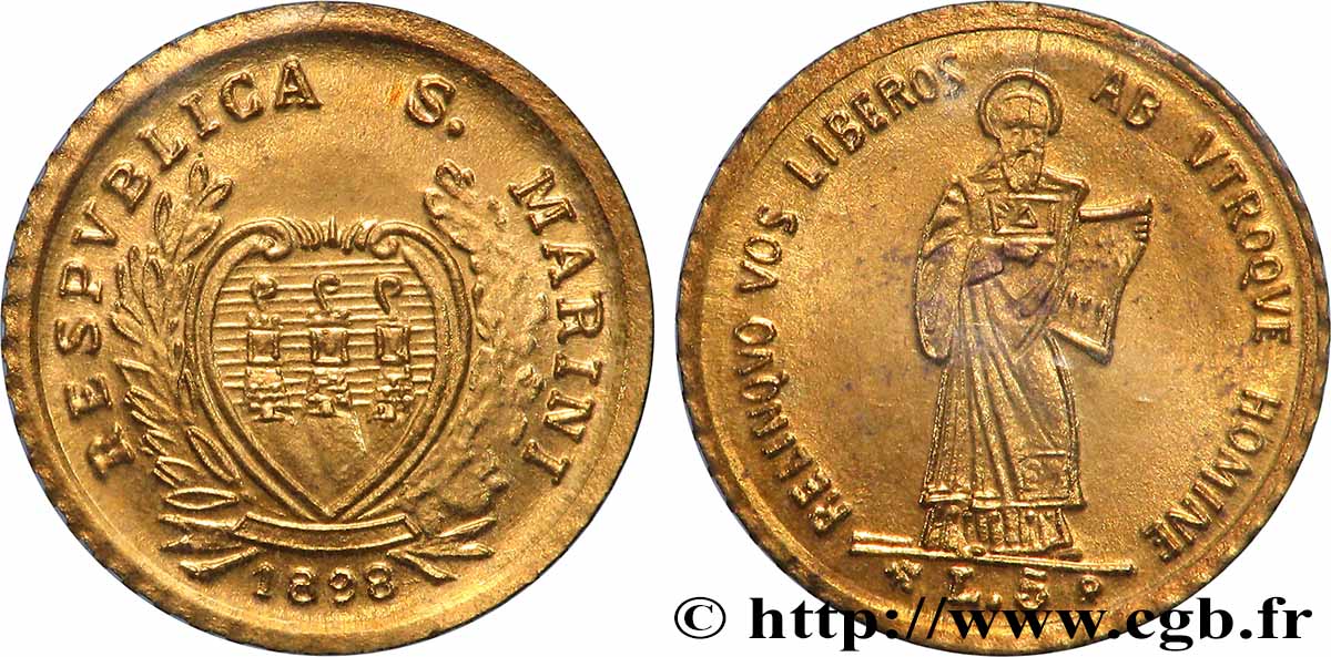 SAN MARINO Médaille, Reproduction de 5 Lire, Les miniatures en or des plus belles monnaies d’or du monde SPL