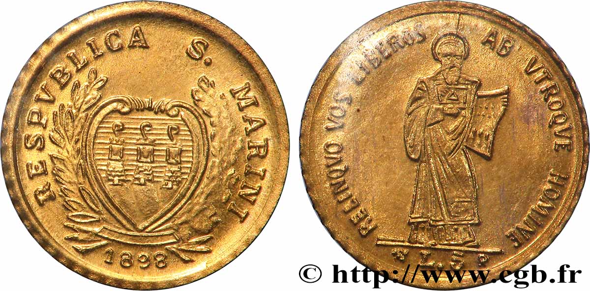 RÉPUBLIQUE DE SAINT- MARIN Médaille, Reproduction de 5 Lire, Les miniatures en or des plus belles monnaies d’or du monde SUP