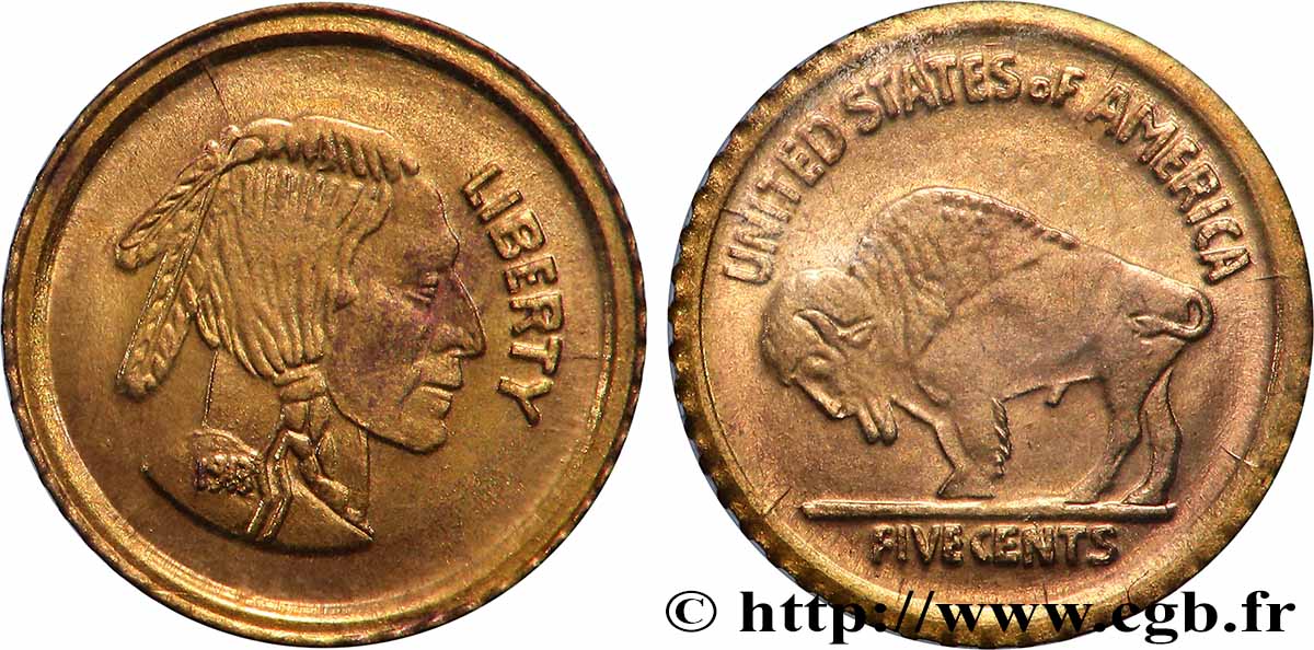 UNITED STATES OF AMERICA Médaille, Reproduction de 5 Cents Tête d’indien ou Buffalo, Les miniatures en or des plus belles monnaies d’or du monde AU