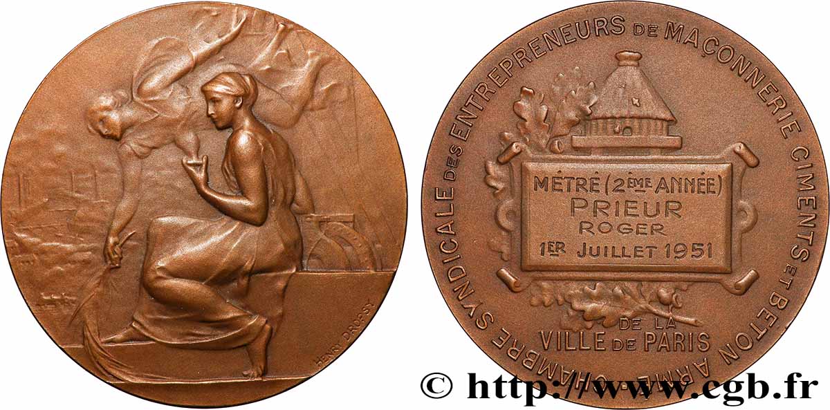 QUARTA REPUBBLICA FRANCESE Médaille, Chambre syndicale des entrepreneurs de maçonnerie ciments et béton armé SPL
