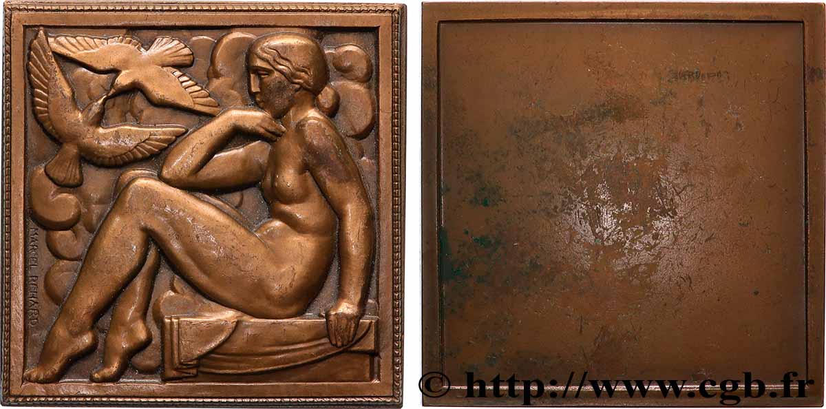 CINQUIÈME RÉPUBLIQUE Plaquette, Jeune fille aux colombes par Marcel Renard, refrappe TTB+/TTB