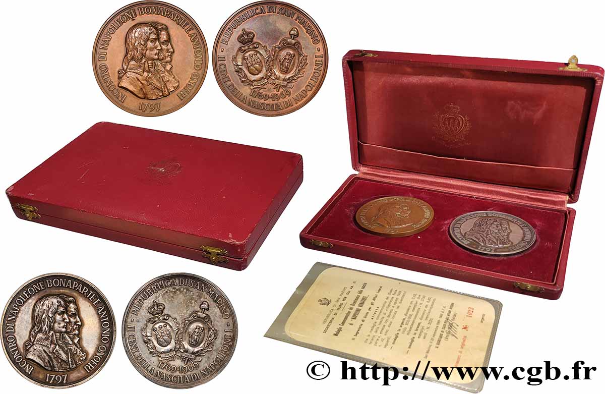 SAN MARINO Coffret de deux médailles, Bicentenaire de la naissance de Napoléon Bonaparte AU