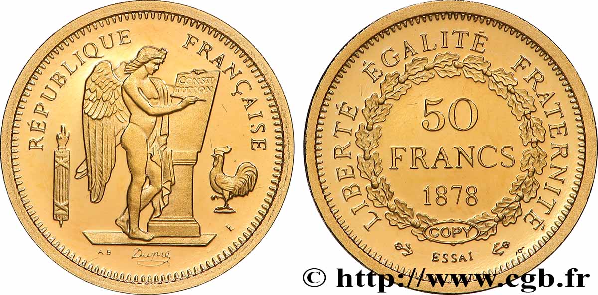 L OR DE LA FRANCE Médaille, Reproduction de monnaie, Essai de 50 Francs or Génie BE