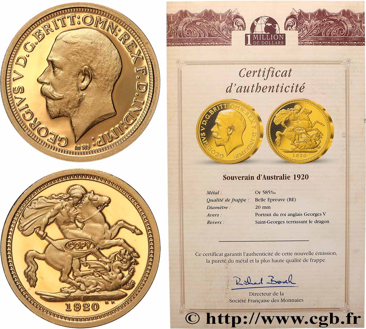 SÉRIE 1 MILLION DE DOLLARS Médaille, Reproduction d’une monnaie, Souverain d’Australie de Georges V Proof set