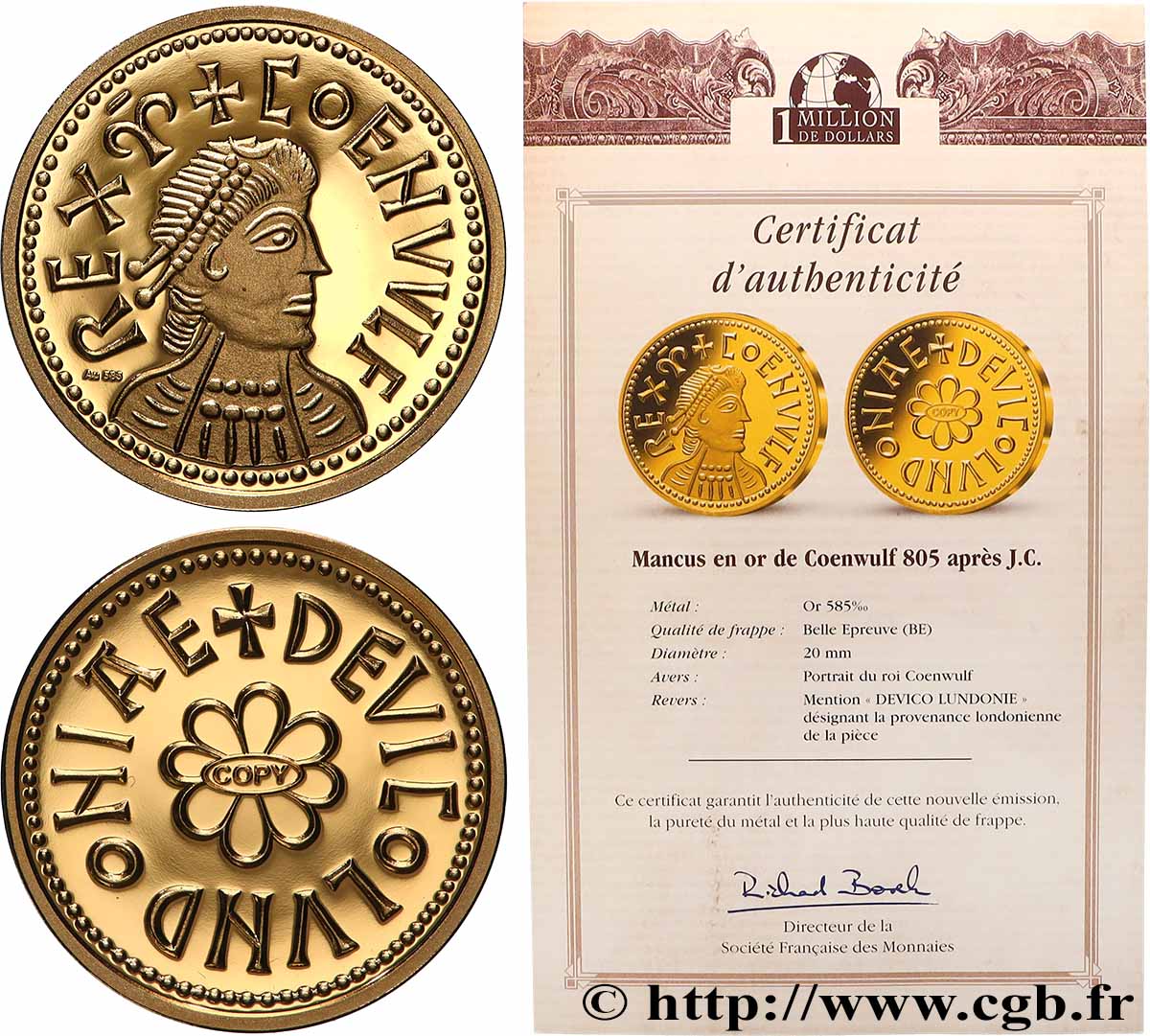 1 MILLION DOLLAR SERIES Médaille, Reproduction d’une monnaie, Mancus de Coenwulf Proof set