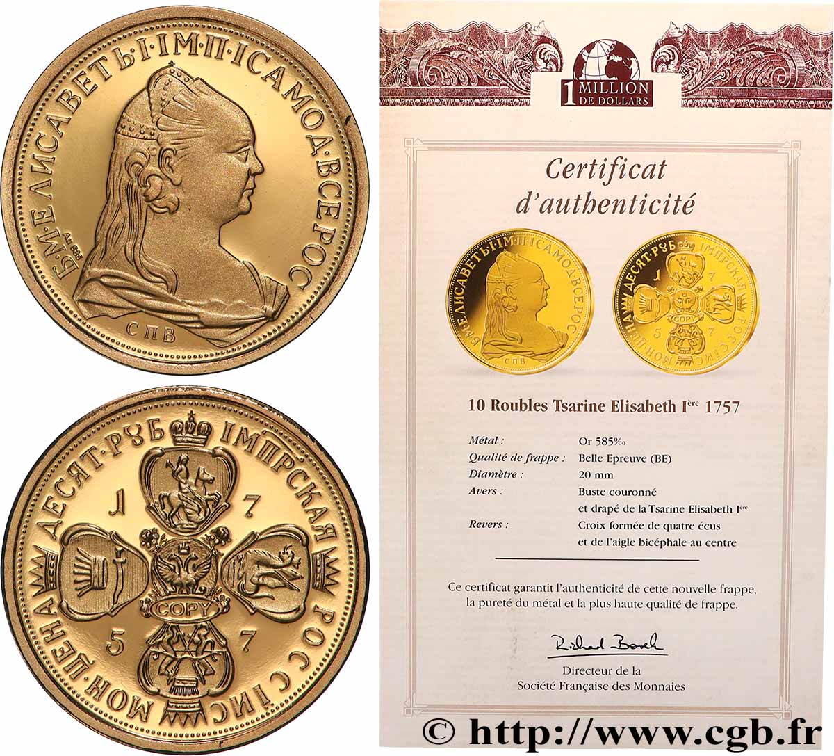 1 MILLION DOLLAR SERIES Médaille, Reproduction d’une monnaie, 10 roubles Elisabeth Ier Proof set
