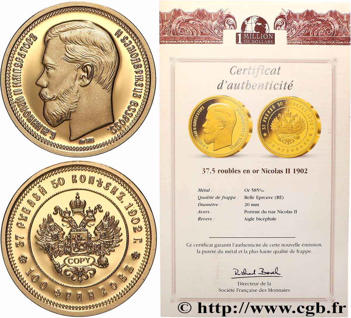 SÉRIE 1 MILLION DE DOLLARS Médaille, Reproduction d’une monnaie, 37 roubles 50 kopecks/100 francs Nicolas II BE