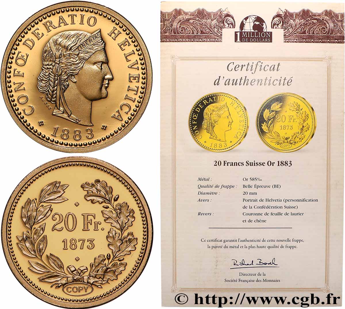 SÉRIE 1 MILLION DE DOLLARS Médaille, Reproduction d’une monnaie, 20 francs suisse Proof set