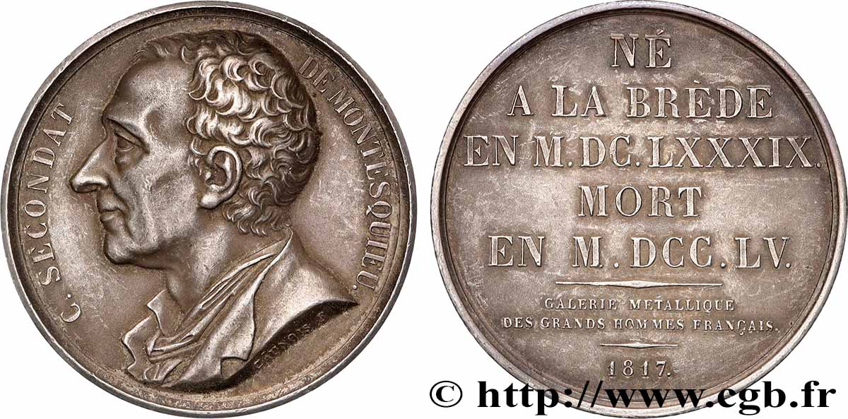 GALERIE MÉTALLIQUE DES GRANDS HOMMES FRANÇAIS Médaille, Montesquieu, Charles Louis de Secondat, refrappe MBC+