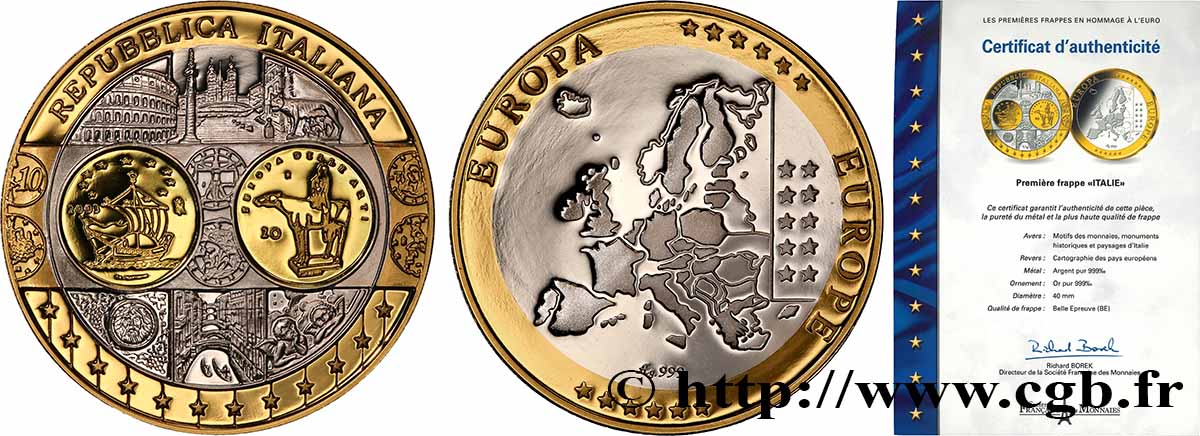 LES PREMIÈRES FRAPPES EN HOMMAGE A L EURO Médaille, Europe, Italie Proof set