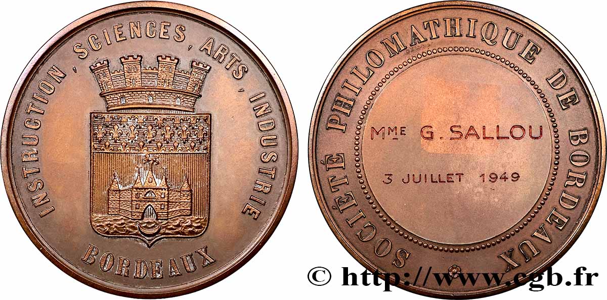 QUATRIÈME RÉPUBLIQUE Médaille, Société philomathique TTB+