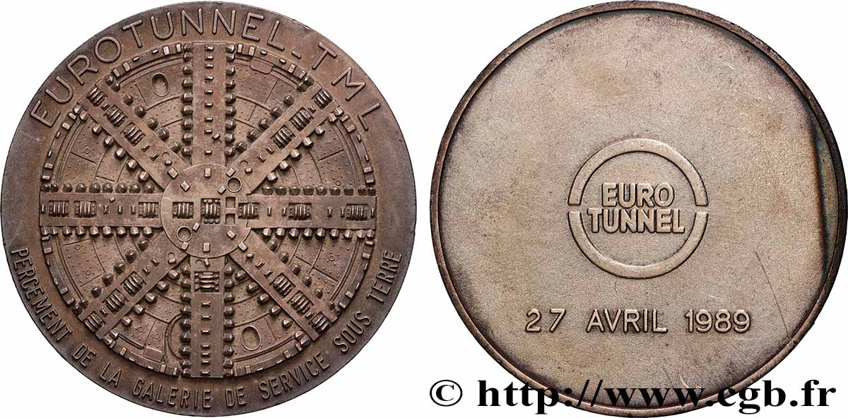 CINQUIÈME RÉPUBLIQUE Médaille, EUROTUNNEL, Percement de la galerie souterraine TTB+