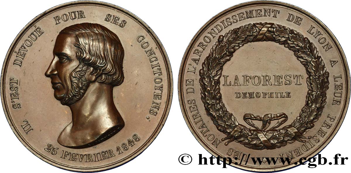 DEUXIÈME RÉPUBLIQUE Médaille, Notaires de Lyon, Démophile Laforest SPL