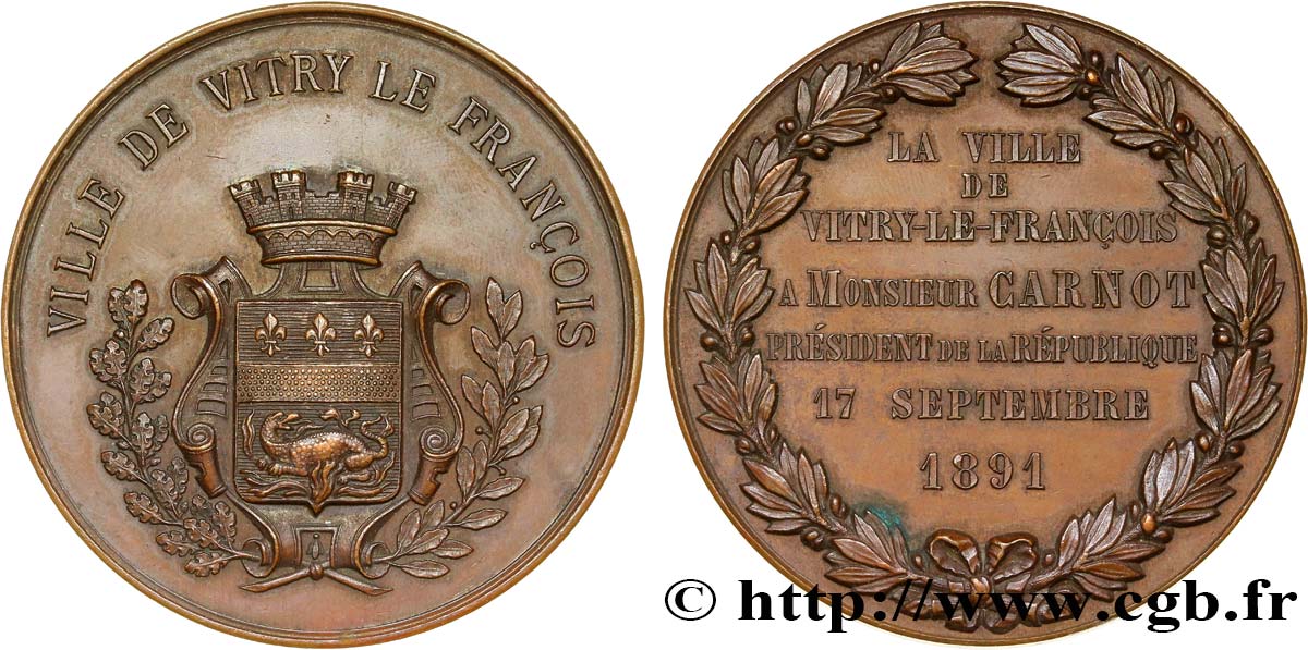 III REPUBLIC Médaille de la ville de Vitry-le-François au président Carnot AU