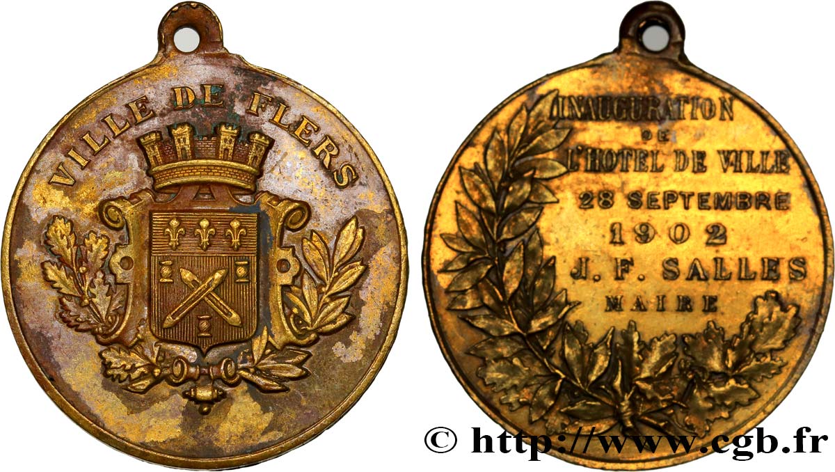 TROISIÈME RÉPUBLIQUE Médaille d’inauguration de l’Hôtel de Ville de Flers TTB
