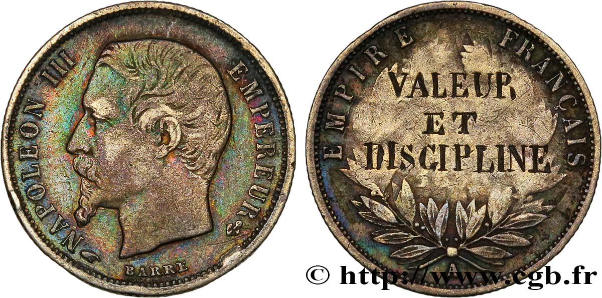 SECOND EMPIRE Médaille Valeur et Discipline, sur une monnaie de 50 centimes VF