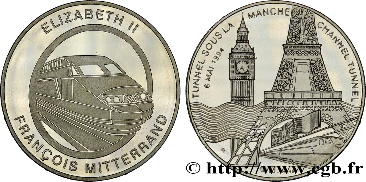 CINQUIÈME RÉPUBLIQUE Médaille, Tunnel sous la Manche, Elisabeth II et François Mitterrand SPL