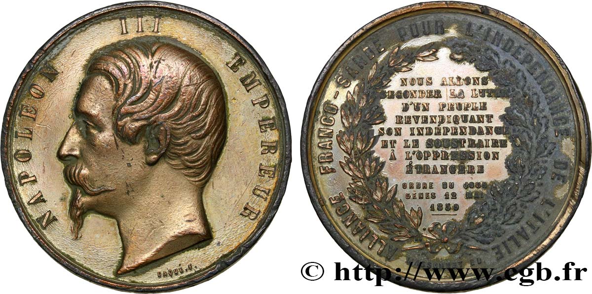 SECOND EMPIRE Médaille, Napoléon III, Discours de Napoléon III à Gênes TTB
